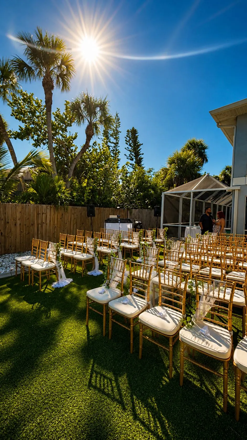Rows of gold chairs on grass set for an outdoor ceremony, speakers on stands at the back