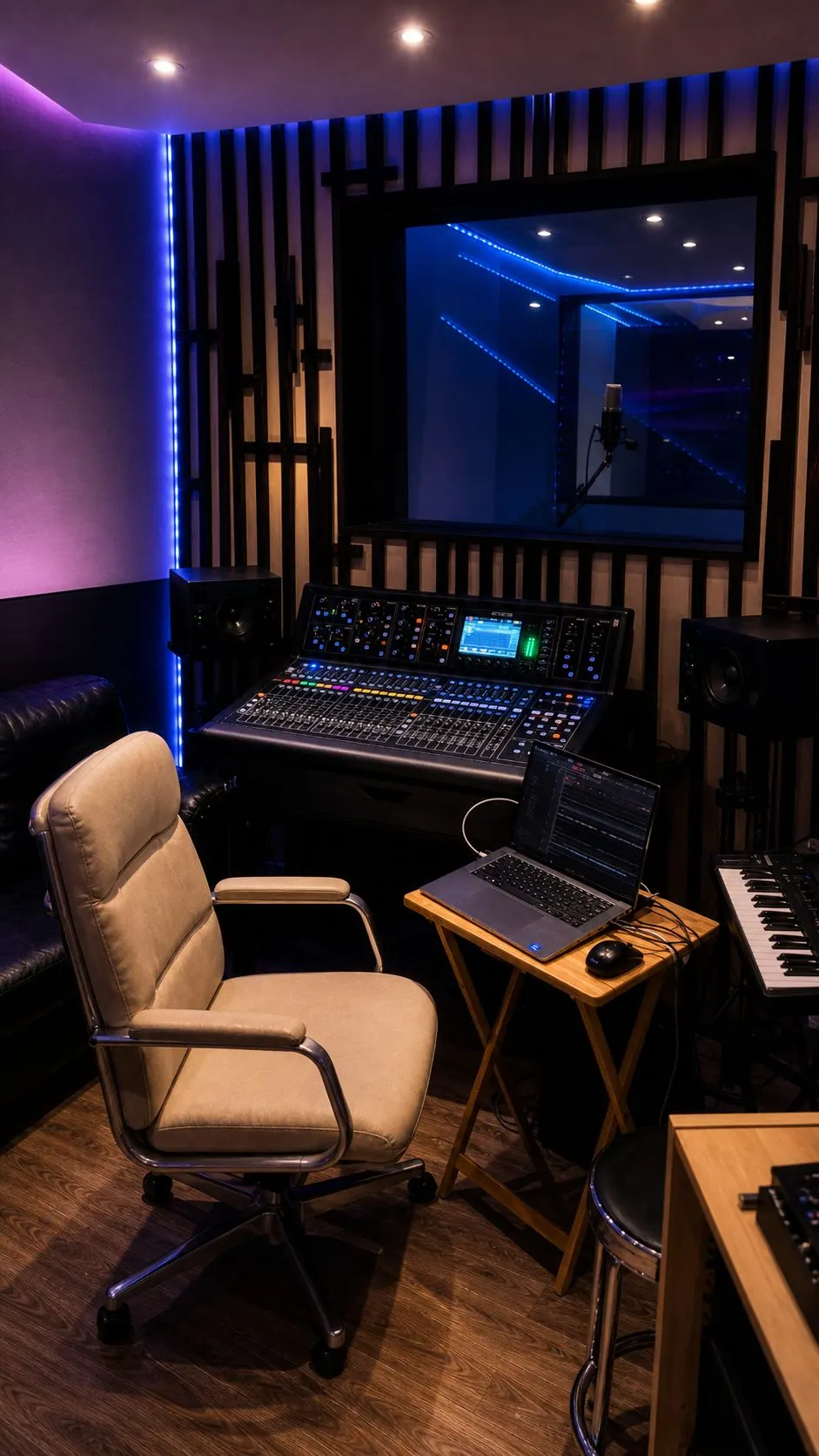 The control room at DJ Studio 37: the mixing console, studio monitors and a session open on the laptop